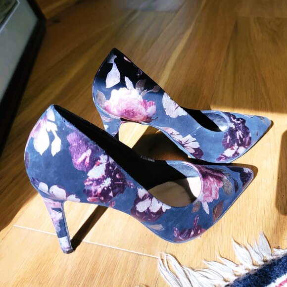 Chic Black Floral Pink Cream Lilac Design Silk Sheen Stiletto Heels 5.5 Comfort - Picture 13 of 16